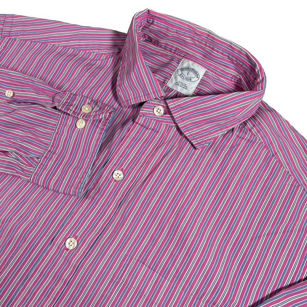 Brooks Brothers Mens L Pink Blue Stripe Slim Fit Long Sleeve Button Down Shirt